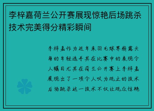 李梓嘉荷兰公开赛展现惊艳后场跳杀技术完美得分精彩瞬间