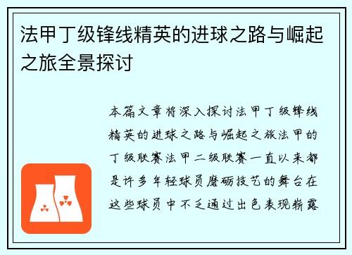 法甲丁级锋线精英的进球之路与崛起之旅全景探讨