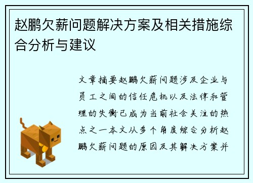 赵鹏欠薪问题解决方案及相关措施综合分析与建议 赵鹏欠薪问题解决方案及相关措施综合分析与建议